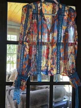 Stellah Teal Lace Floral Sheer Curtain Panel with Multicolor Blooms